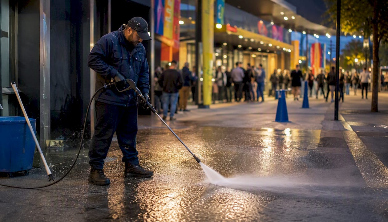 Pressure washer cleaning exterior event concourse
