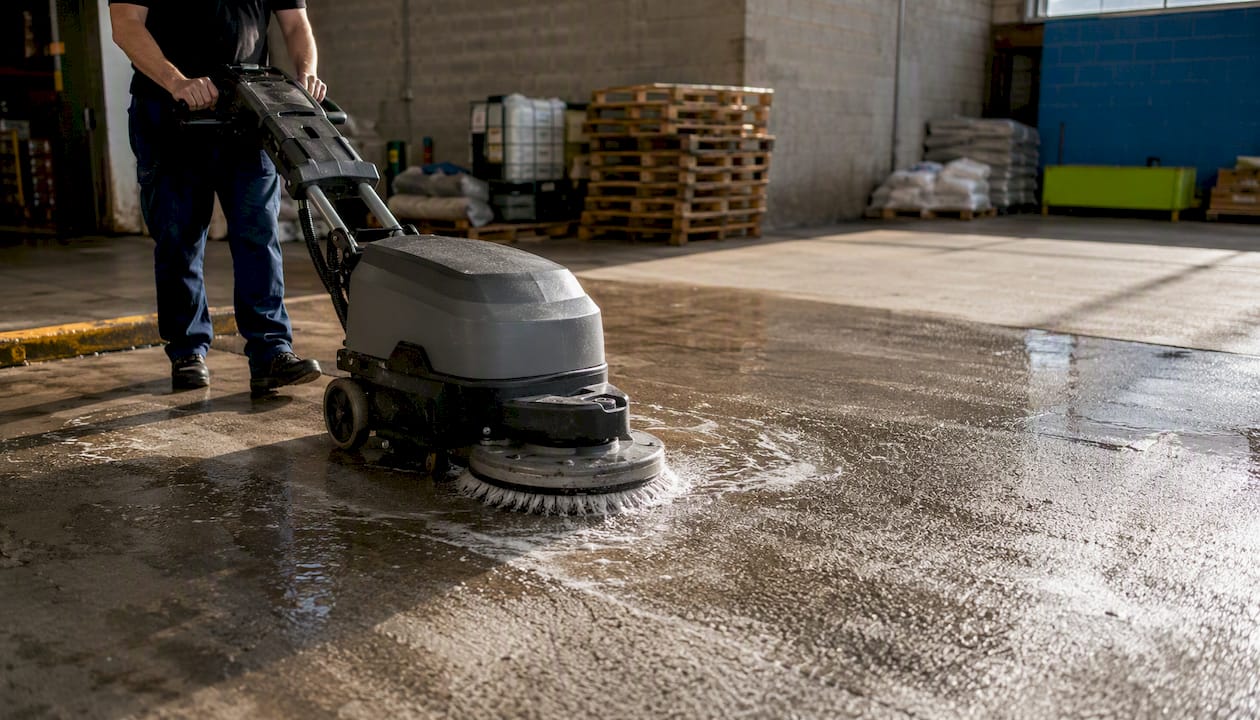 Mechanical scrubber cleaning dock floor