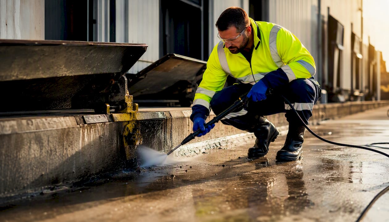 Cleaner pressure washing loading dock near leveller