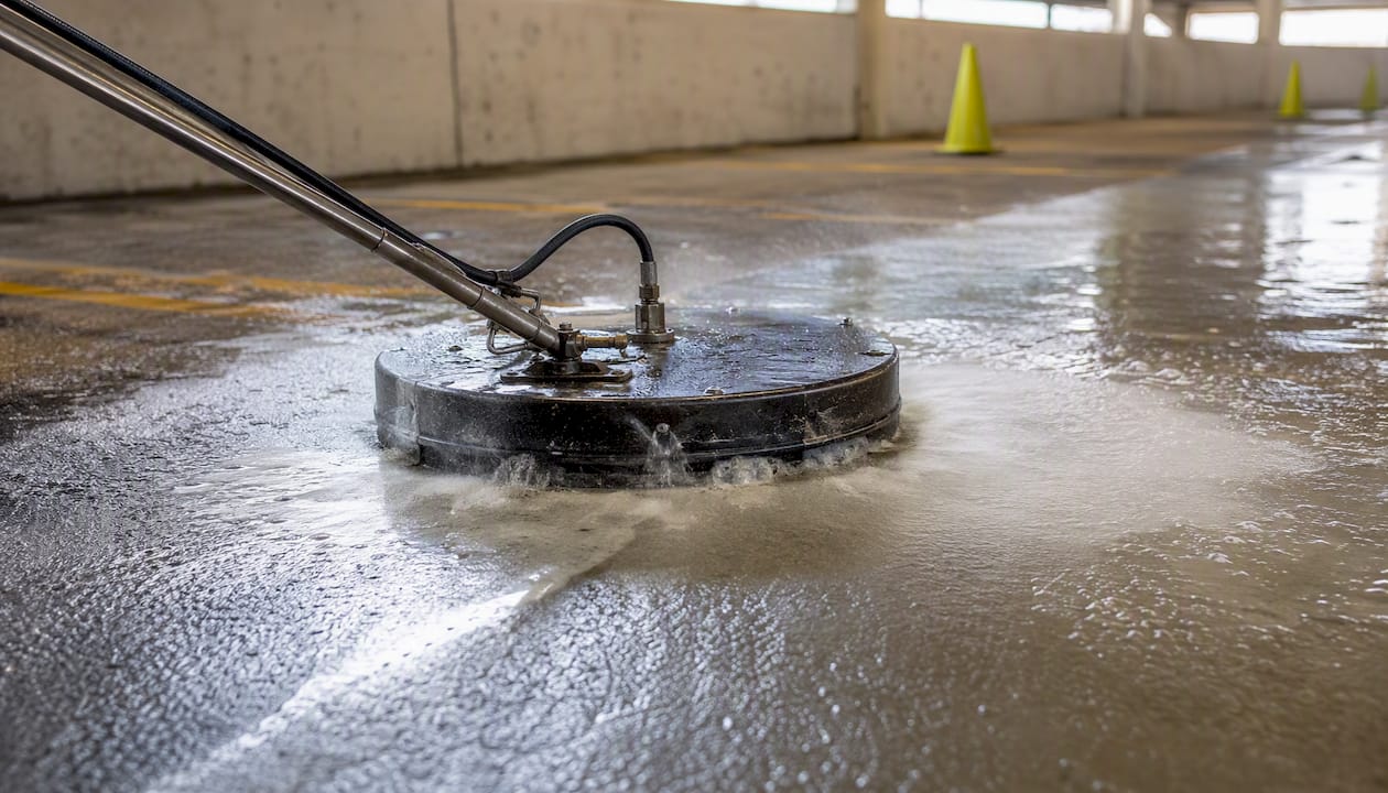 Pressure washer cleaning parking garage ramp