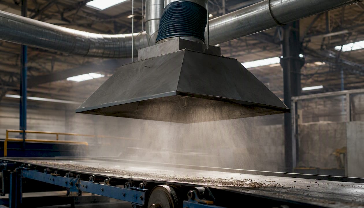 LEV capture hood over warehouse conveyor belt