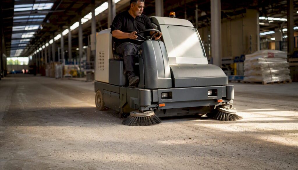 Mechanical sweeper cleaning warehouse floor