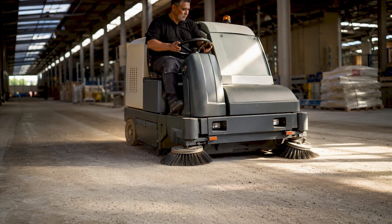 Mechanical sweeper cleaning warehouse floor