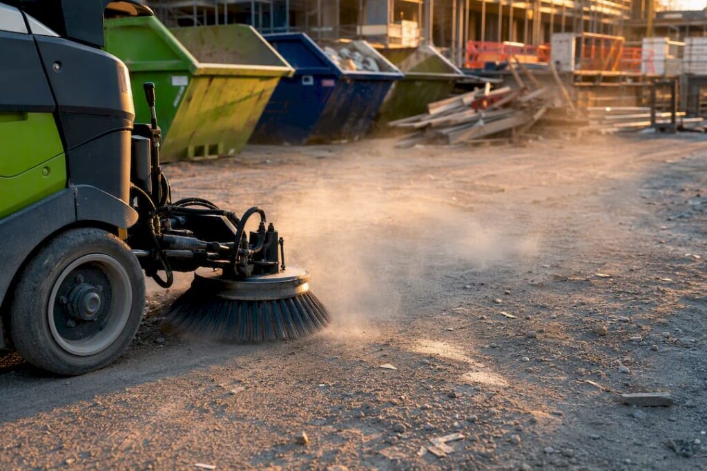 Mechanical sweeper clearing dust on construction site