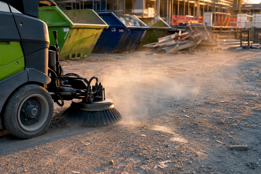 Mechanical sweeper clearing dust on construction site