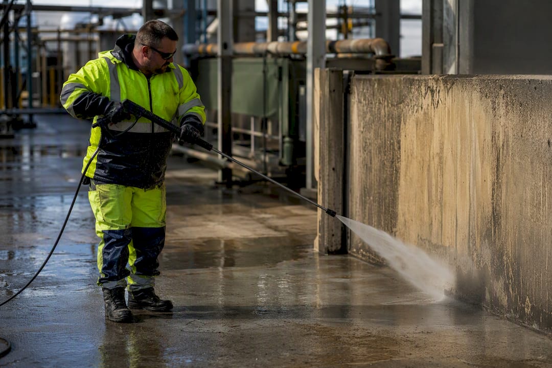 Operator pressure washing concrete floor