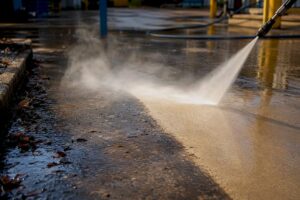 Hot water pressure washing greasy concrete surface