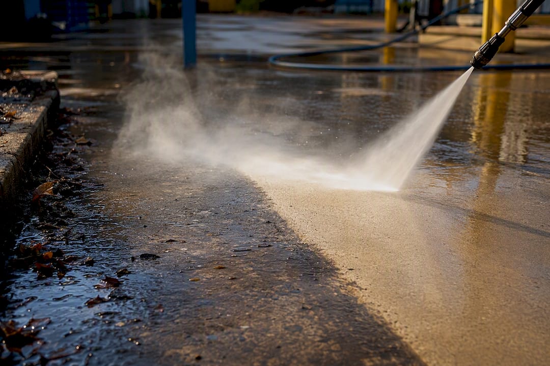 Hot water pressure washing greasy concrete surface