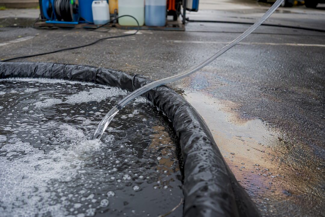 Wastewater containment setup during pressure washing