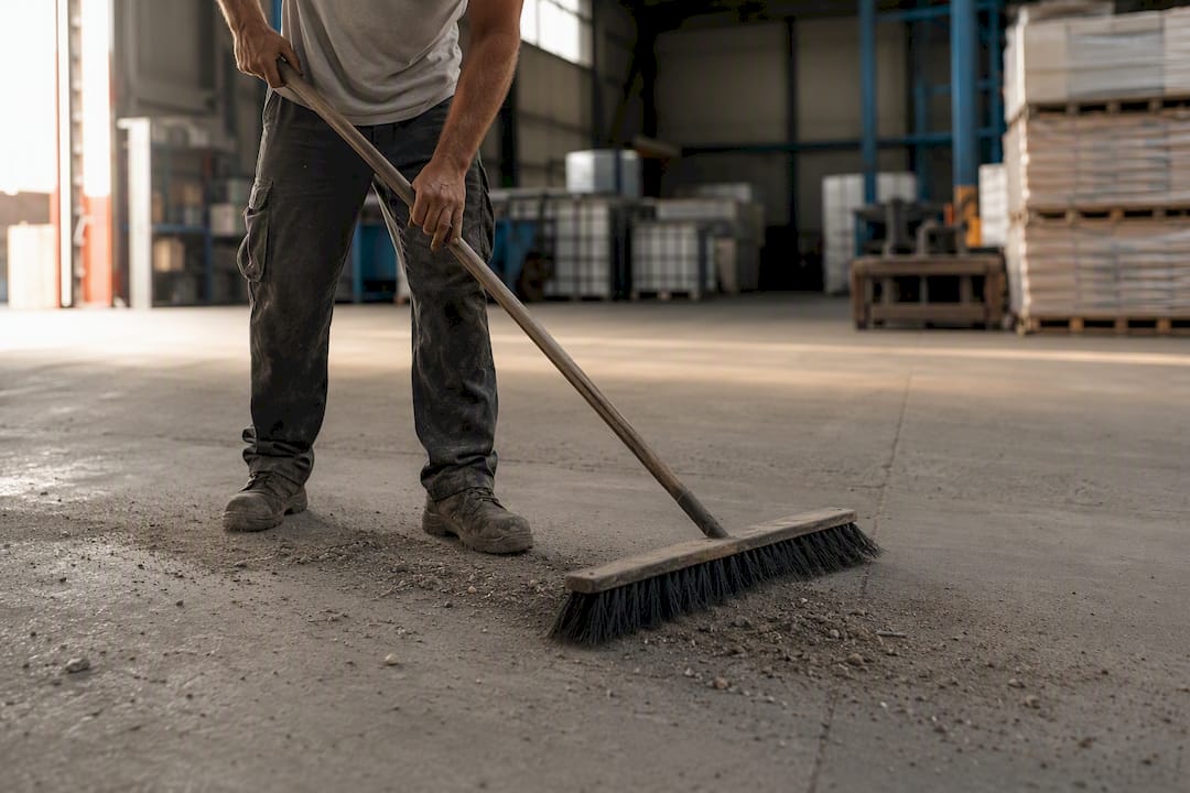 Sweeping concrete surface before stain removal