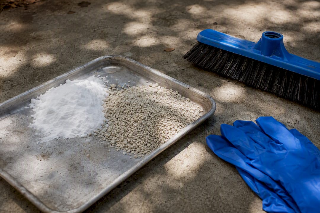Oil stain cleaning tools arranged on concrete