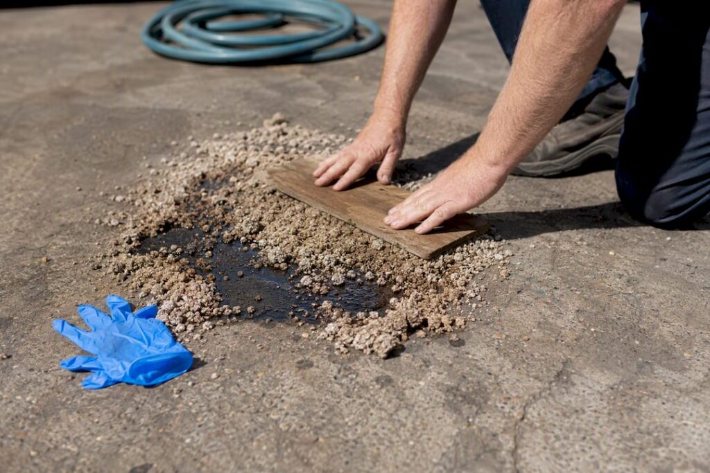 Applying absorbent to fresh oil stain on concrete