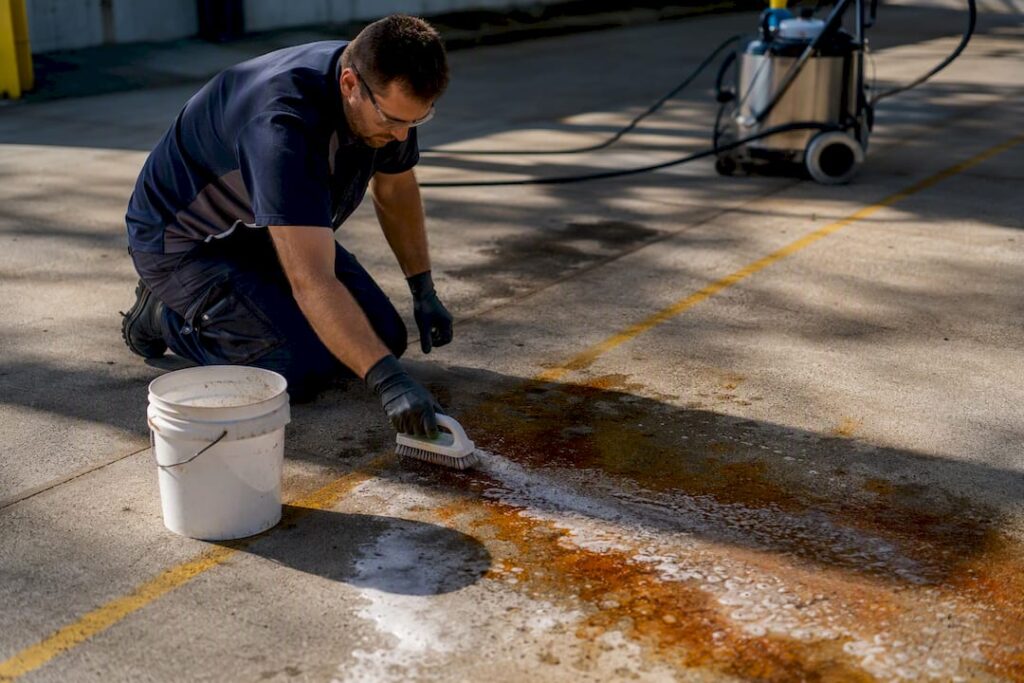 Technician applying rust remover on concrete