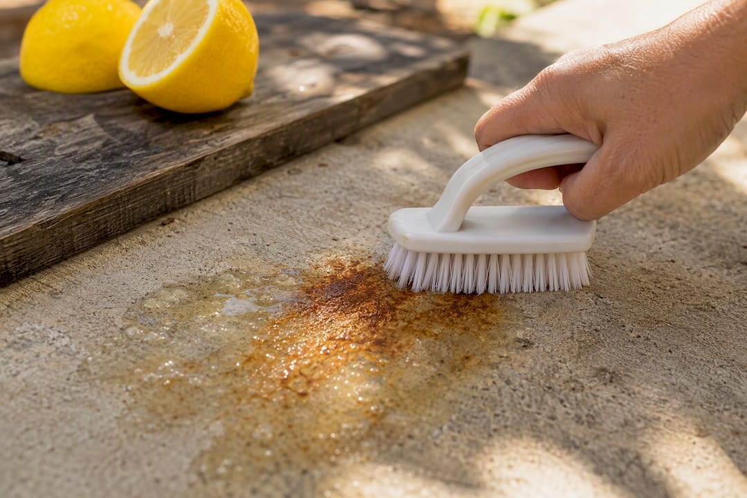 Scrubbing rust stain on concrete with lemon juice