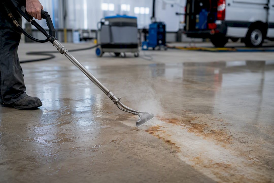 Low-pressure rust stain removal on warehouse floor