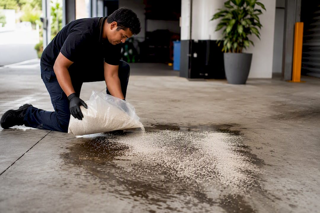 Granular absorbent on grease spill epoxy floor
