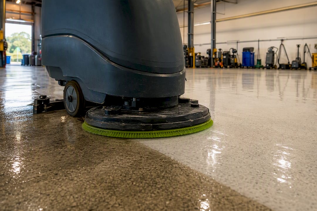 Auto-scrubber with soft pad cleaning epoxy floor