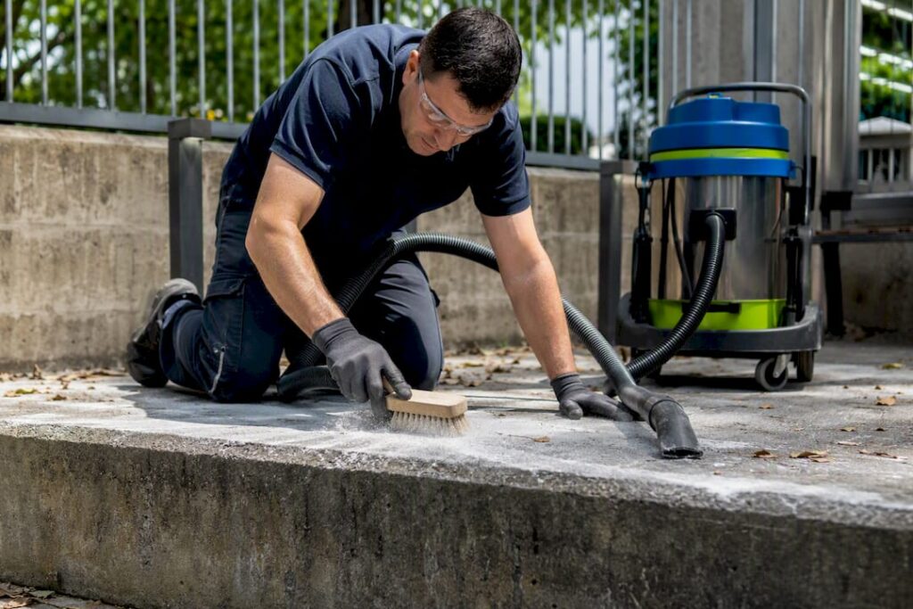 Technician brushing and vacuuming efflorescence from concrete