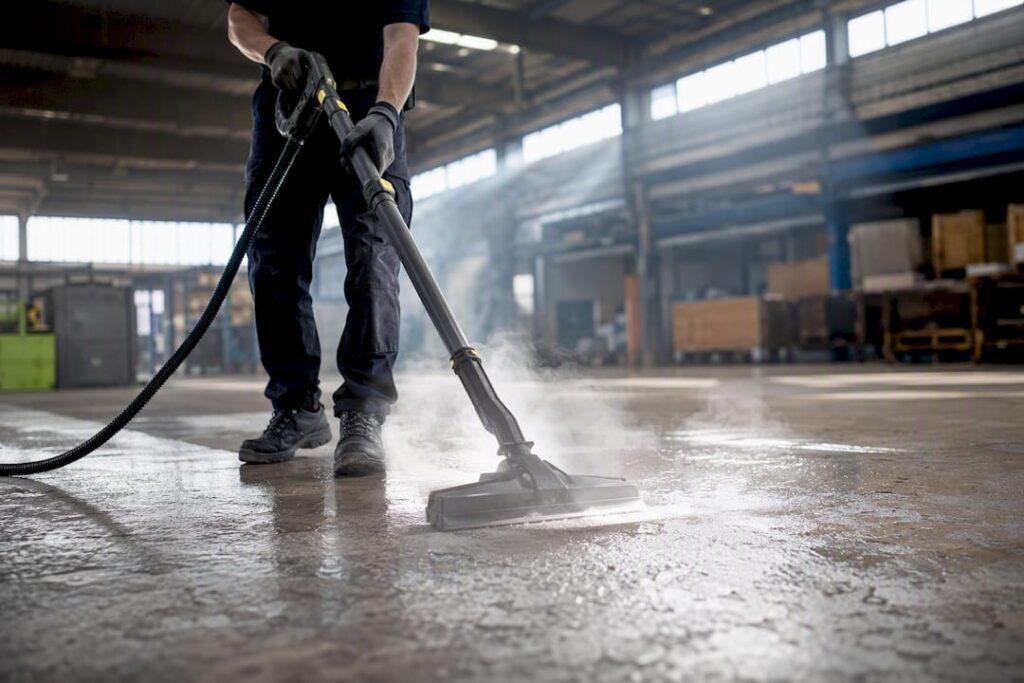 Technician steam cleaning polished concrete floor