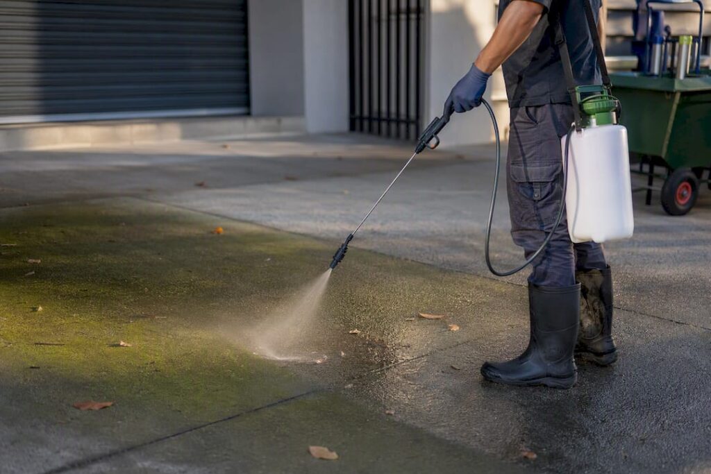 Technician spraying algae treatment on concrete