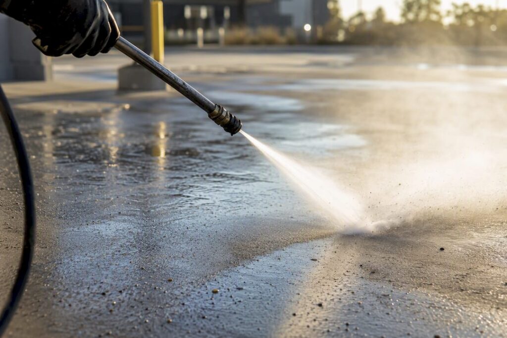 Technician pressure washing concrete surface outdoors