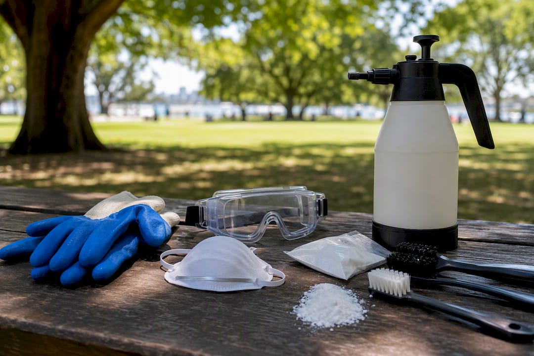 Chemical safety gear beside cleaning tools outdoors