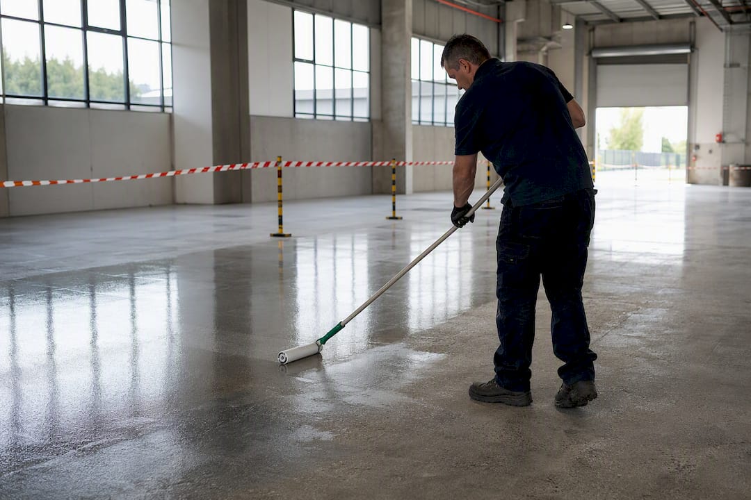Technician applying floor sealant in warehouse