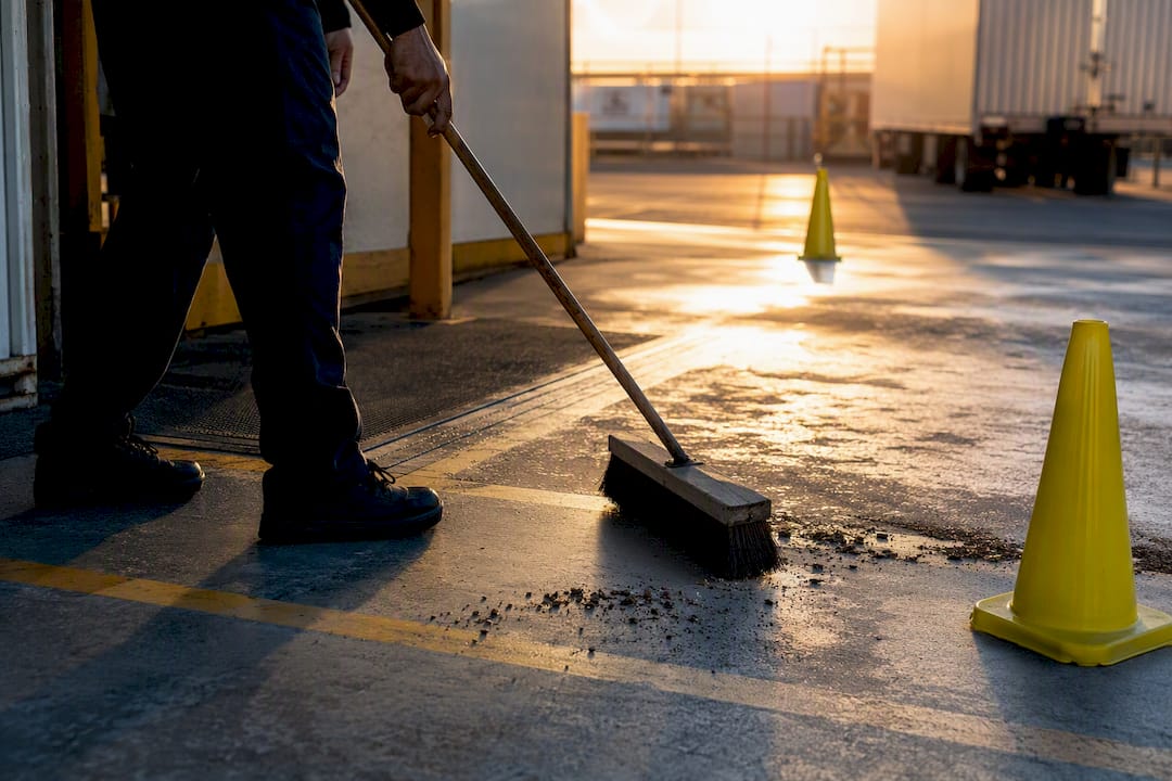 Warehouse worker sweeping aisle with safety cones