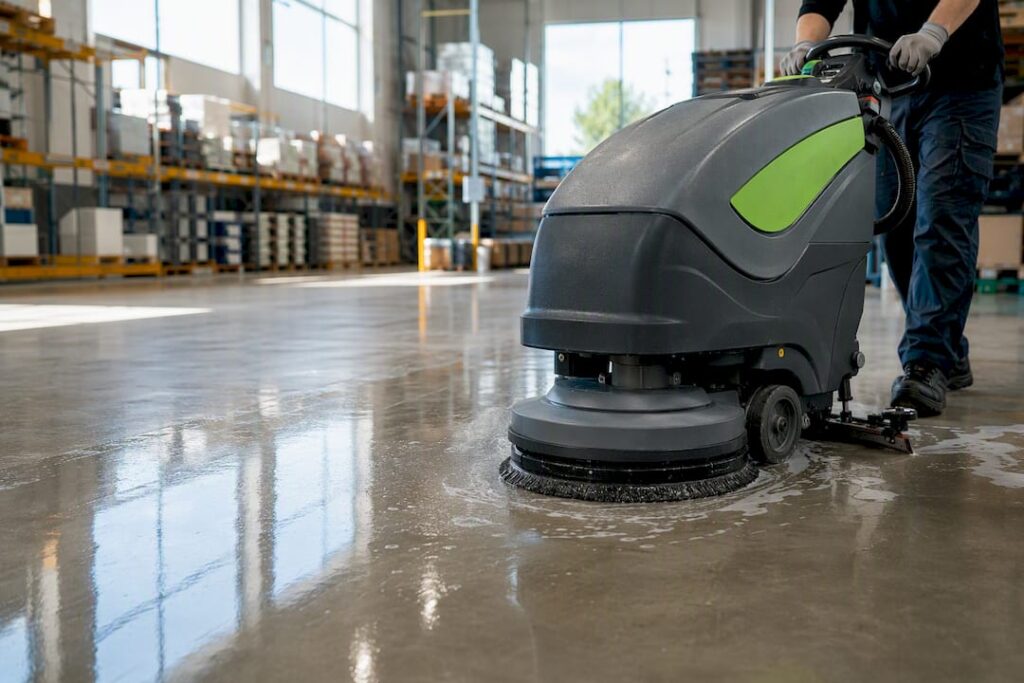 HEPA vacuum cleaning warehouse floor near signage