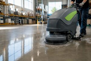 HEPA vacuum cleaning warehouse floor near signage
