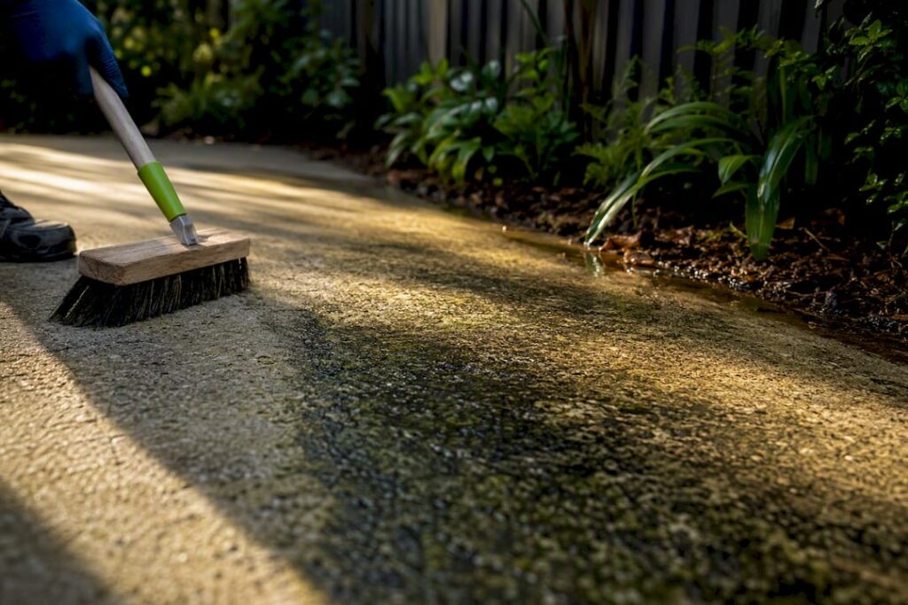 Mould growth across shaded outdoor concrete
