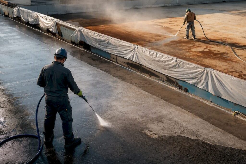 Commercial site showing blasting and pressure washing