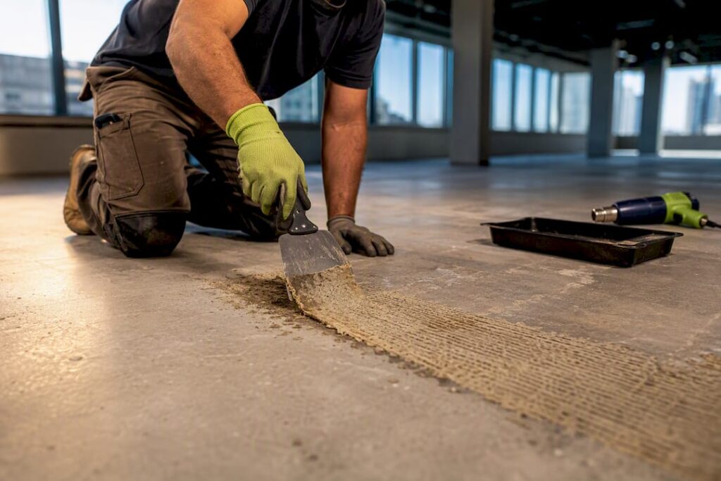 Worker scraping adhesive from concrete slab