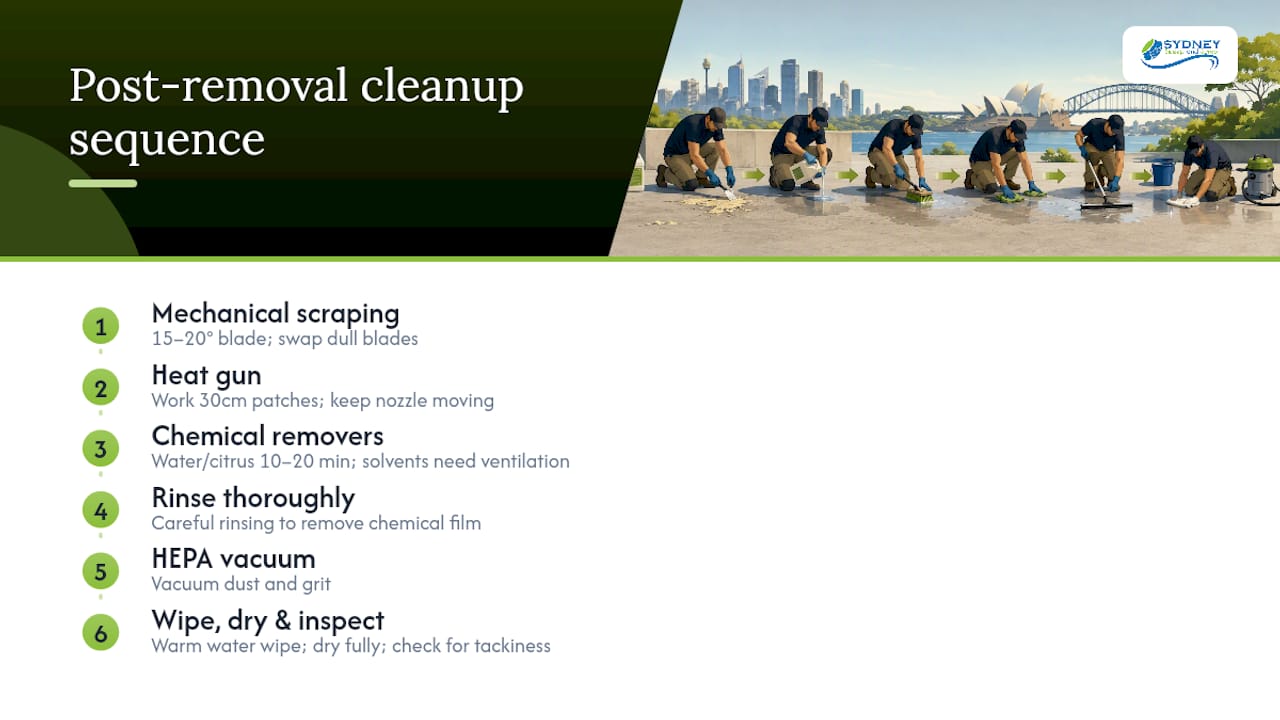 Adhesive removal cleanup sequence