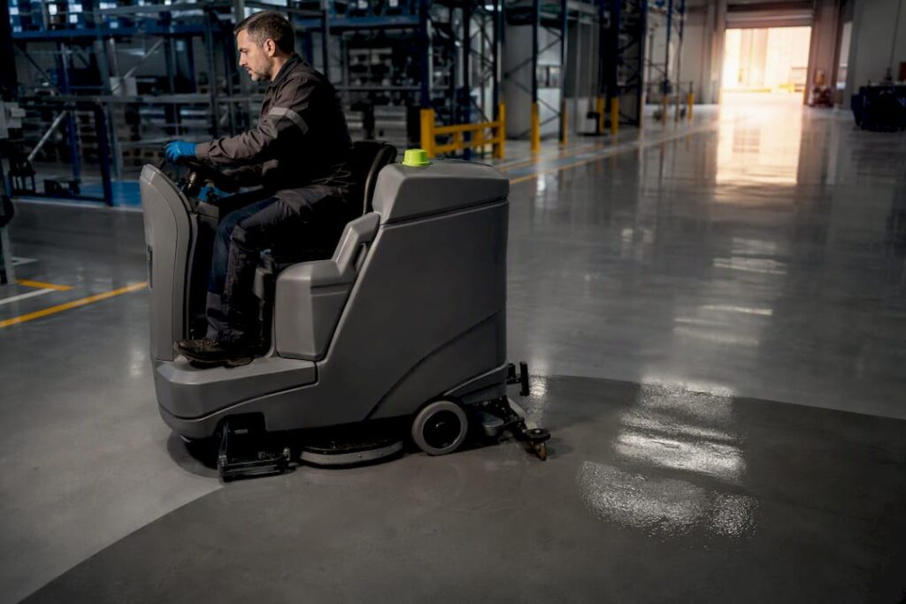 Industrial scrubber cleaning an epoxy warehouse floor