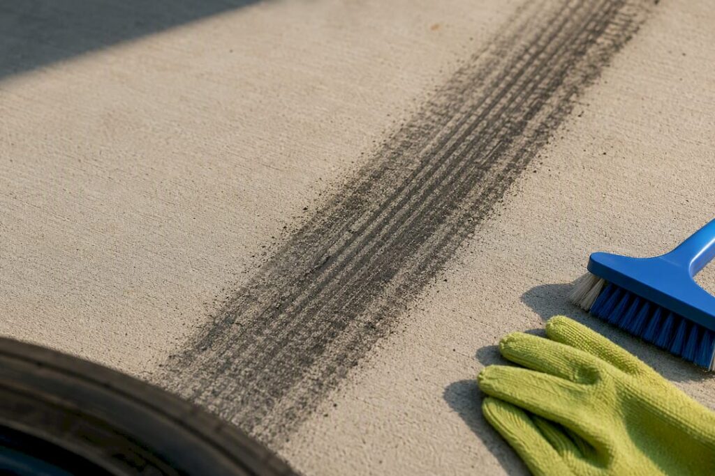 Rubber tyre streak across porous concrete