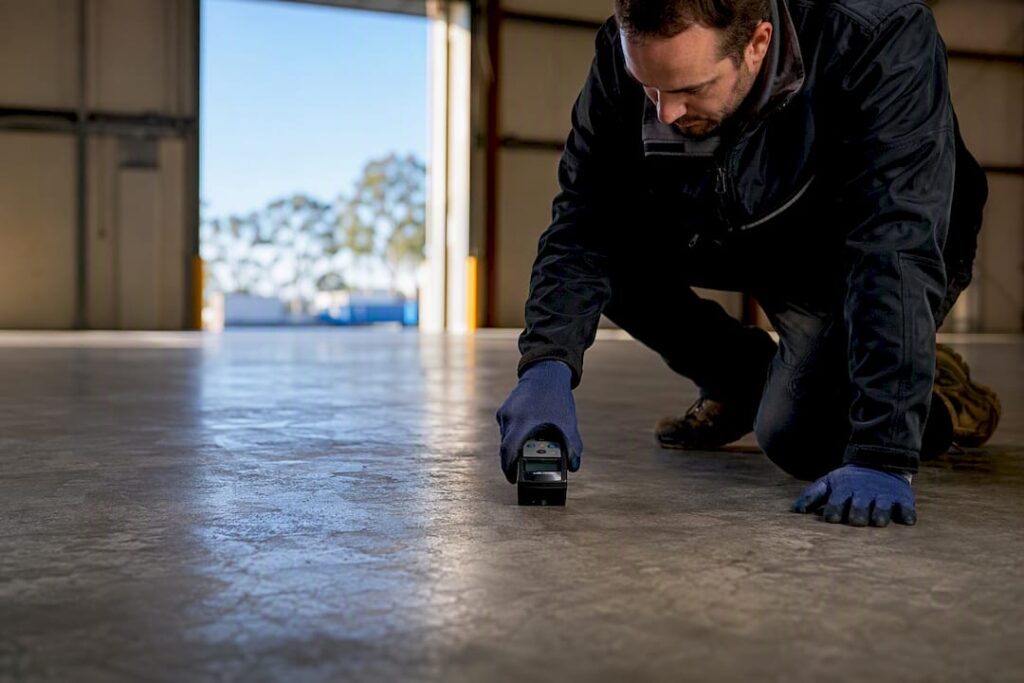 Technician testing warehouse slab moisture
