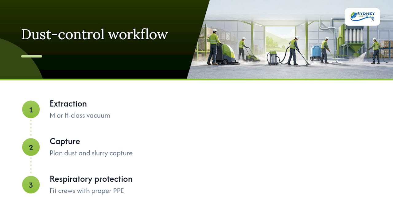 Three-part warehouse dust control workflow