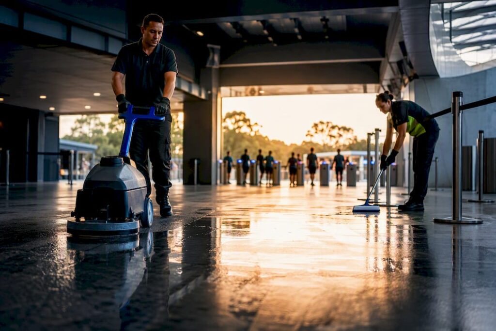 Cleaning crew maintaining a stadium concourse