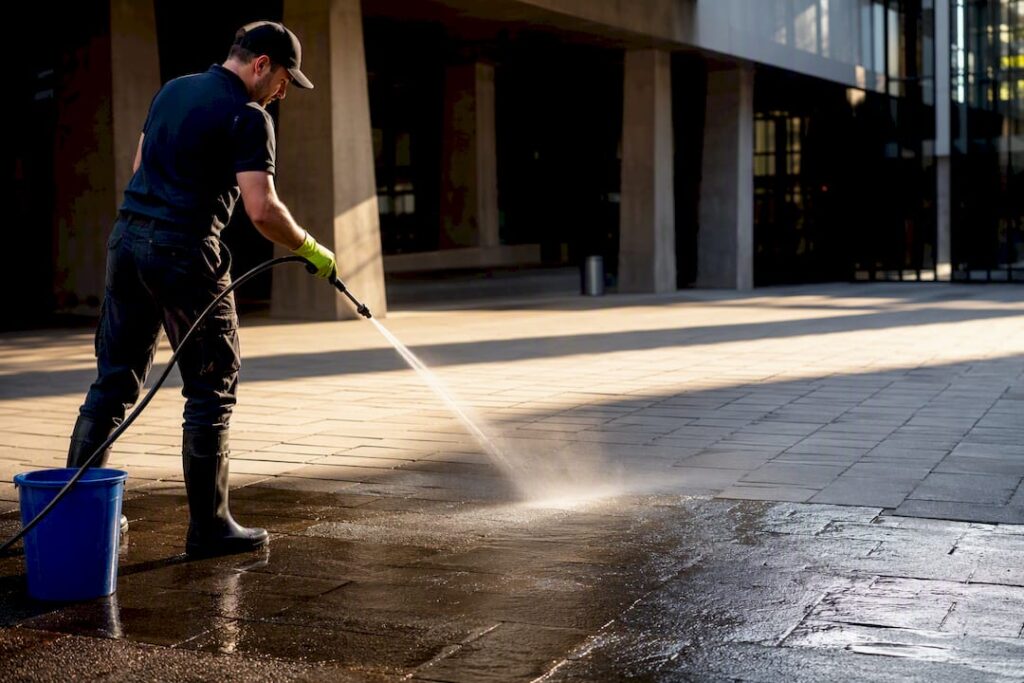 Operator rinsing paved courtyard from low point