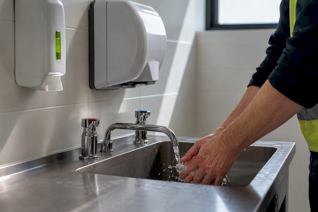 Warehouse basin with soap and hand dryer