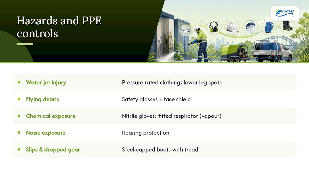 Pressure washing hazards matched to PPE controls