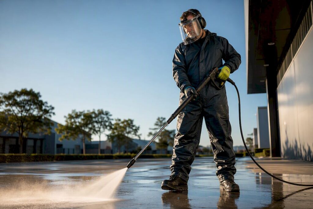 Pressure washing operator wearing complete PPE
