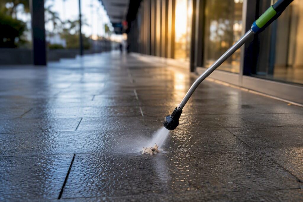 Operator removing gum from commercial pavement