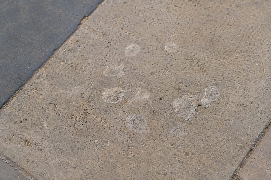 Aged gum deposits and ghosting on stone