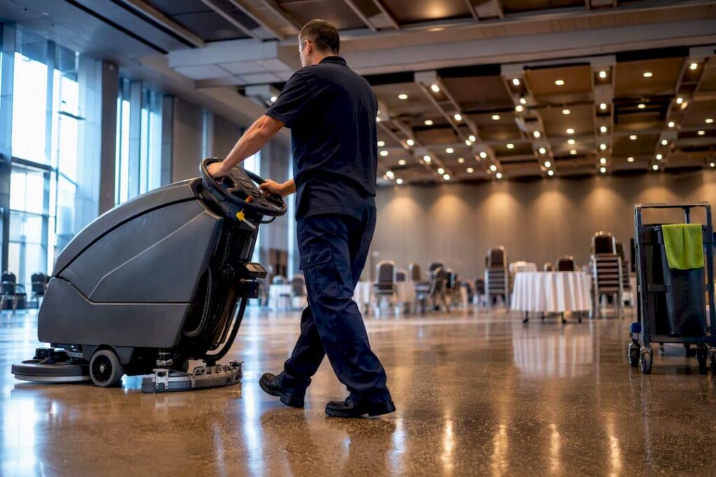 Worker cleaning an event venue floor