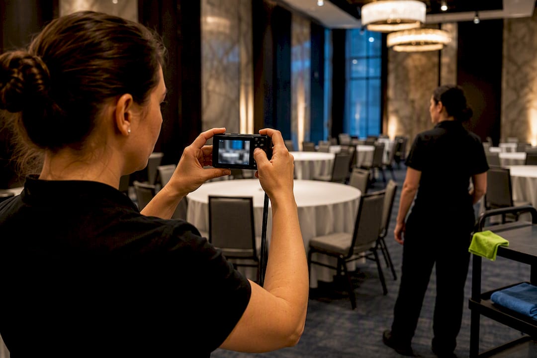 Staff photographing restored banquet room