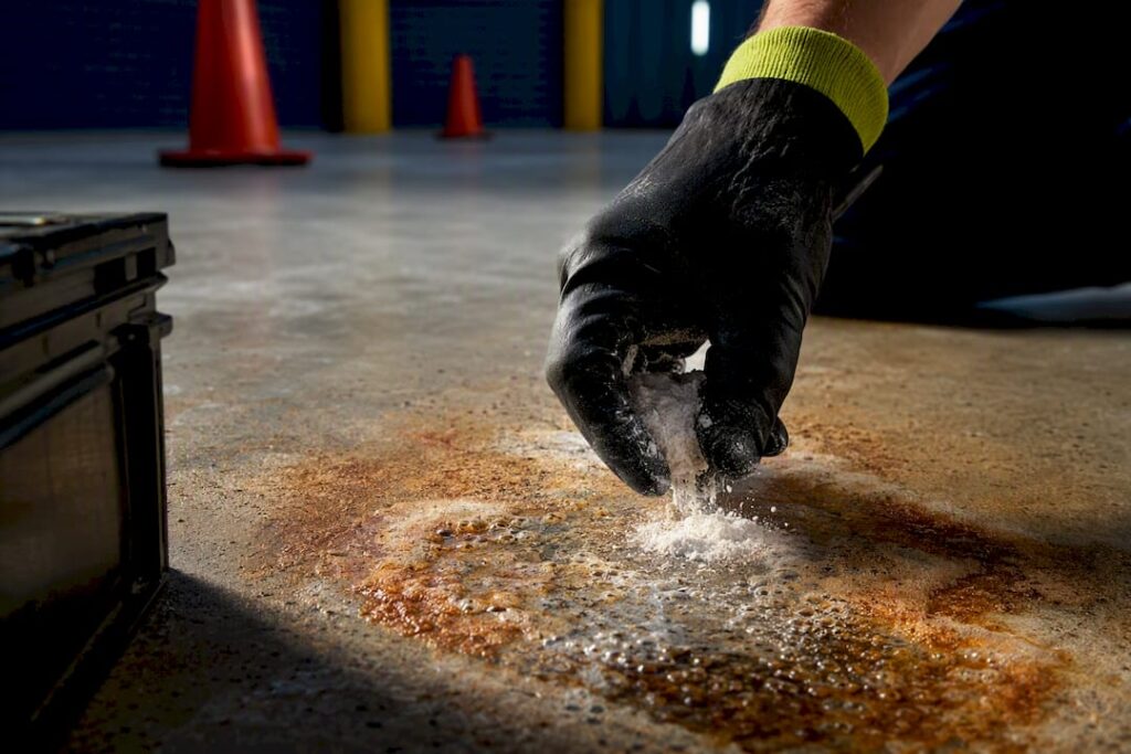 Worker neutralising battery acid on concrete