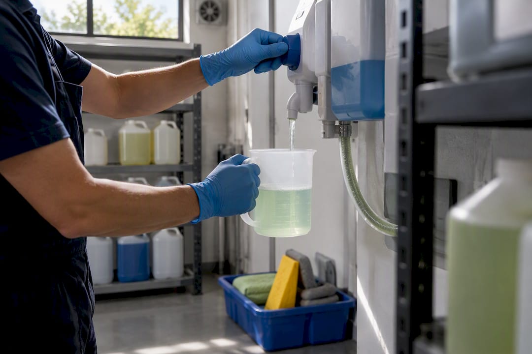 Worker measuring cleaning solution with dispenser