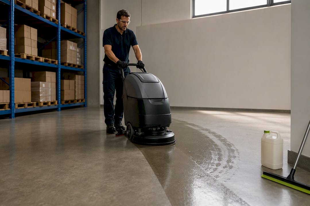 Operator testing detergent on coated concrete